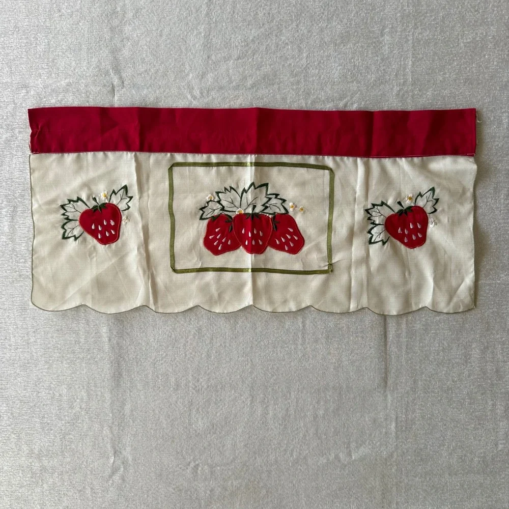 Vintage Strawberry Embroidered Window Valance Cream Red Scalloped Curtain